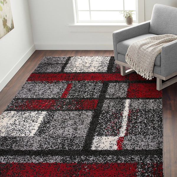 Geometric Pattern Red Gray Cozy Shag Area Rugs