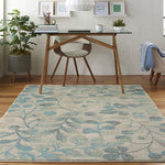 Tranquil Contemporary Botanical Ivory/Turquoise Soft Area Rug