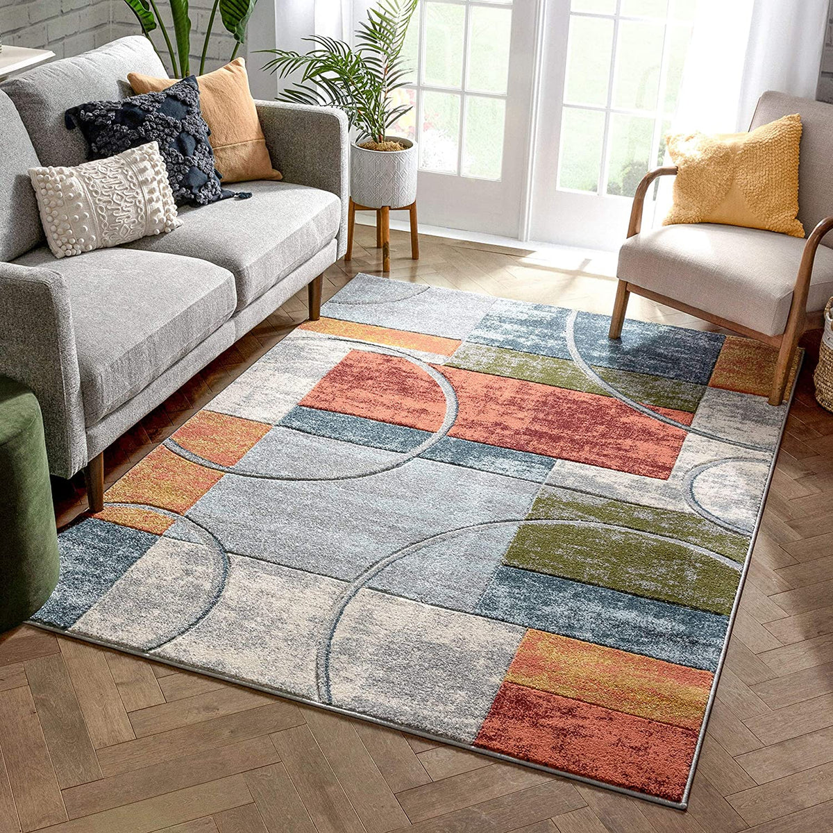 Multi Modern Geometric Boxes Circles Pattern Area Rug – Ashley Area Rugs