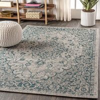 Rozetta Boho Medallion Textured Weave Indoor/Outdoor Gray/Teal Area Rug