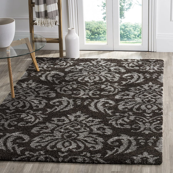 Damask Plush 1.2-inch Thick Area Rug, Dark Brown / Smoke