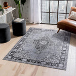 Machine Washable Grey Vintage Oriental Medallion Flat Pile Area Rug