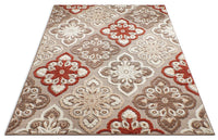 Floral Panel Red, Beige, Taupe, High Traffic Stain Resistant Indoor Outdoor Area Rug