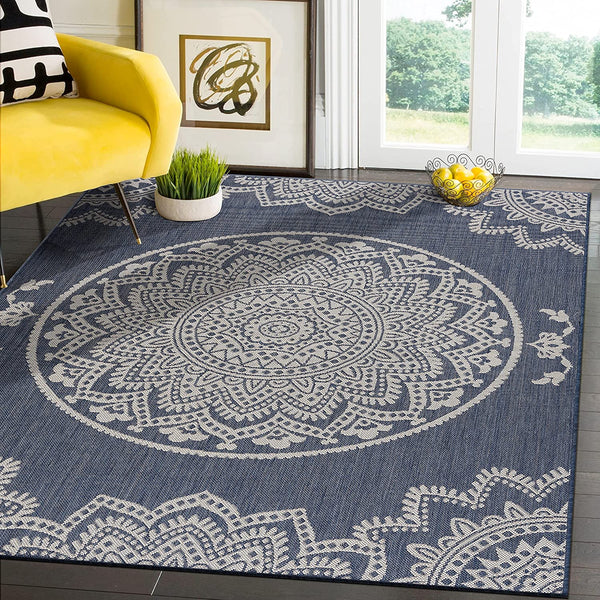 Modern Area Rugs for Indoor Outdoor Medallion - Blue / White