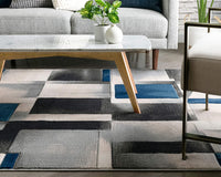 Blue Modern Geometric Boxes Squares Pattern Soft Area Rug