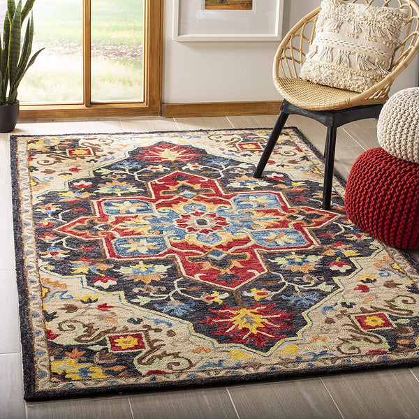 Aspen Collection  Handmade Boho Wool Area Rug Charcoal / Cream