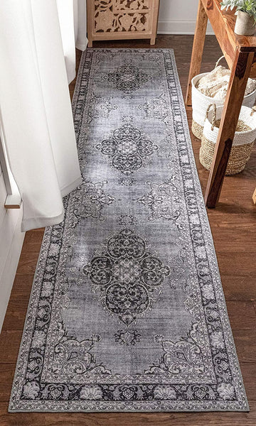 Mareva Machine Washable Grey Vintage Oriental Medallion Area Rug