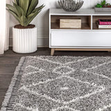 Mercer Shag Plush Tassel Moroccan Diamond Indoor Soft Area Rug Cream/Grey