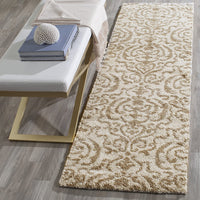 Damask Plush Thick Shag Area Rug, Cream / Beige