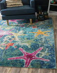 Coastal Modern Bright Colors Starfish Soft Area Rug, Navy Blue/Teal