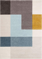 Modern Geometric Boxes Pattern Ivory Blue Multi Soft Area Rug