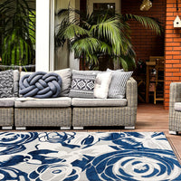 Ravenna Modern Large Floral Flowers Indoor/Outdoor Runner Rug Navy