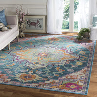 Boho Chic Oriental Medallion Distressed Area Rug, Teal / Rose