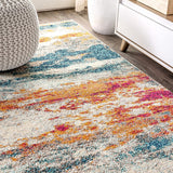 Contemporary Modern Abstract Brushstroke Cream/Blue Rug