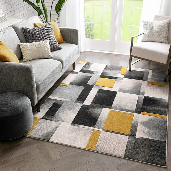 Gold Modern Geometric Boxes Squares Pattern Soft Area Rug