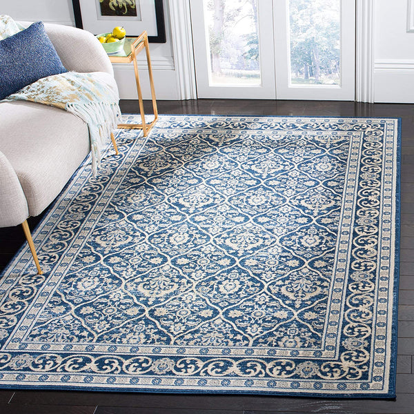 Oriental Damask Trellis Area Rug, Navy/light grey