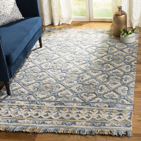 Blossom Collection BLM420A Handmade Fringe Premium Wool Area Rug, Light Beige / Blue