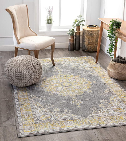 Mareva Machine Washable Yellow Vintage Oriental Medallion Area Rug