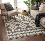 Cenar Grey Flat-Weave Hi-Low Pile Diamond Medallion Stripes Moroccan Tribal Area Rug