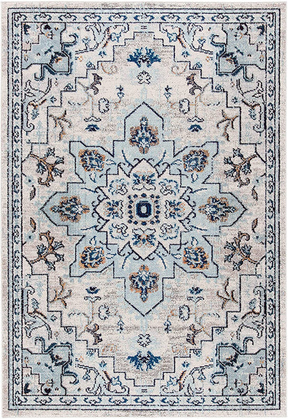 Boho Chic Medallion Distressed Soft Area Rug, Ivory / Light Blue