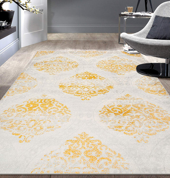 Floral Damask Yellow Ivory Area Rug