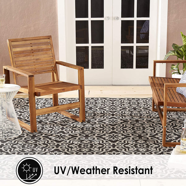 Damask Pattern Black Grey Indoor/Outdoor Area Rug - UV/Weather Resistant