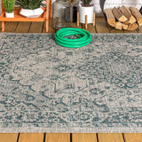 Rozetta Boho Medallion Textured Weave Indoor/Outdoor Gray/Teal Area Rug