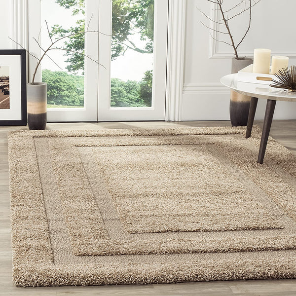 Box Border Beige Thick Plush Shag Area Rug