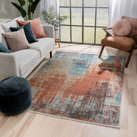 Multi Red Blue Abstract Geometric Distressed Pattern Boho Area Rug
