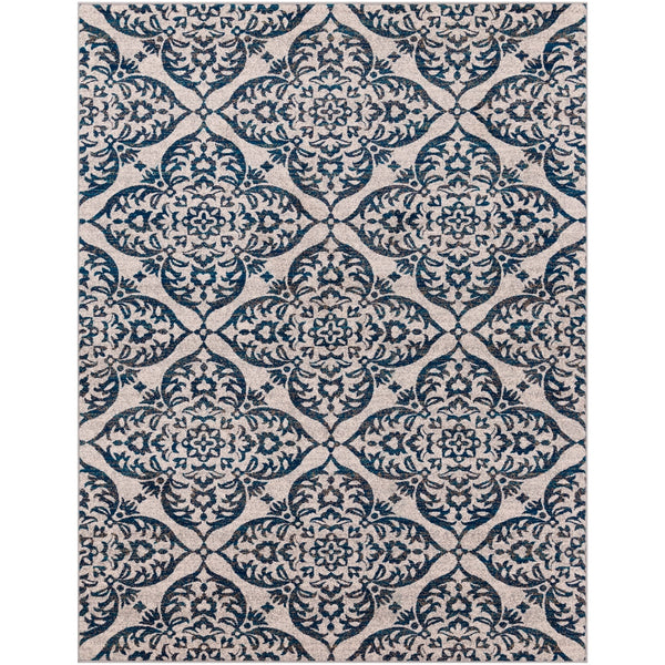 Transitional Floral Trellis Navy Blue Gray Ivory Area Rug