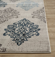 Damask Ivory Blue Brown Area Rugs