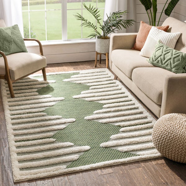 Bellagio Luna Tribal Moroccan Diamond Pattern Green High-Low Flat-Weave Area  Rug