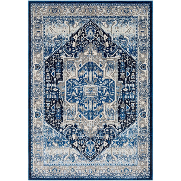 Traditional Navy Blue Gray White Area Rug