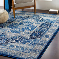 Traditional Navy Blue Gray White Area Rug