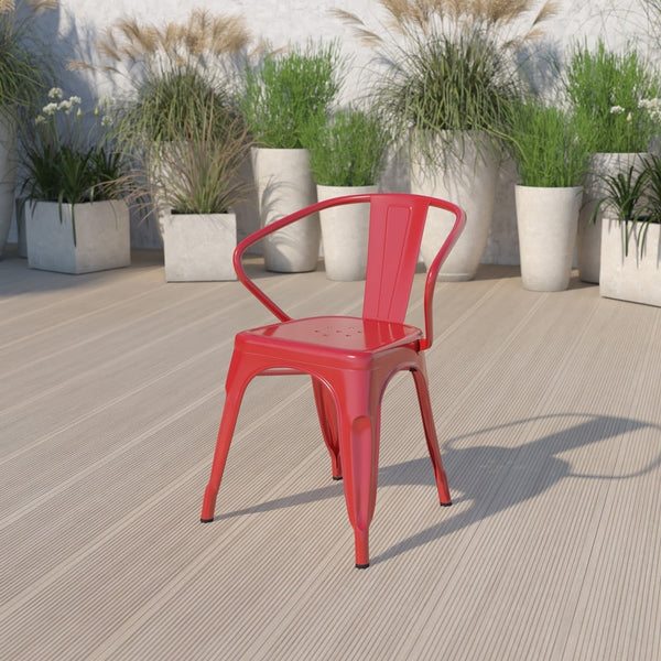 Commercial Grade Red Metal Indoor-Outdoor Chair with Arms