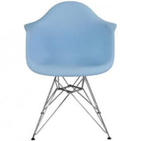 Contemporary Retro Molded Style Blue Accent Plastic Dining Armchair with Steel Eiffel Legs