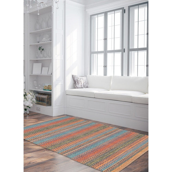 Flat-weave Bold and Colorful Blue, Copper Wool Kilim Rug