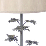 Flower Tree Design Metal Table Lamp with Tapered Drum Shade, Gray and Beige