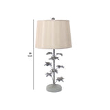 Flower Tree Design Metal Table Lamp with Tapered Drum Shade, Gray and Beige