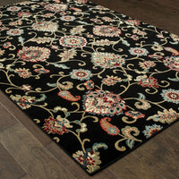 Silko Oriental Black Multi Floral Soft Area Rug