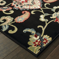 Silko Oriental Black Multi Floral Soft Area Rug