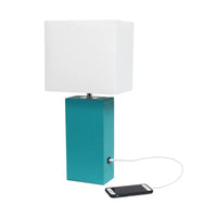 Lexington Leather Base Modern Lamp with Fabric Shade and USB