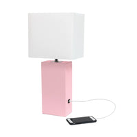 Lexington Leather Base Modern Lamp with Fabric Shade and USB