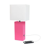 Lexington Leather Base Modern Lamp with Fabric Shade and USB