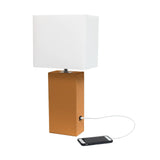 Lexington Leather Base Modern Lamp with Fabric Shade and USB