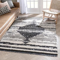 Moroccan Diamond Medallion Pattern Grey High-Low Textured Pile Soft Area Rug