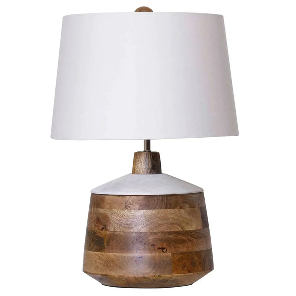 Natural & White Carved Wood Body Table Lamp with Marble Lid Accent