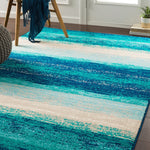 Contemporary Striped Teal Aqua Blue Cream Area Rug