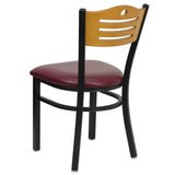 Offex Black Slat Back Metal Restaurant Chair with Natural Wood Back, Burgundy Vinyl Seat - Not Available
