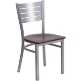 Offex Silver Slat Back Metal Restaurant Chair with Mahogany Wood Seat - N/A